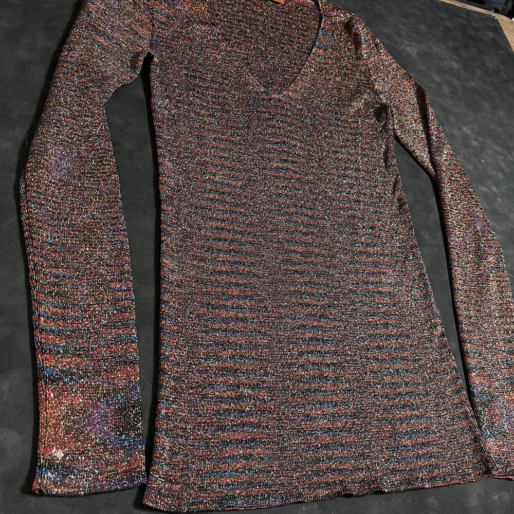 Missoni Sweater Womens 40 Rainbow Multicolor Metallic Glitter V Neck Knit Italy - Picture 2 of 7